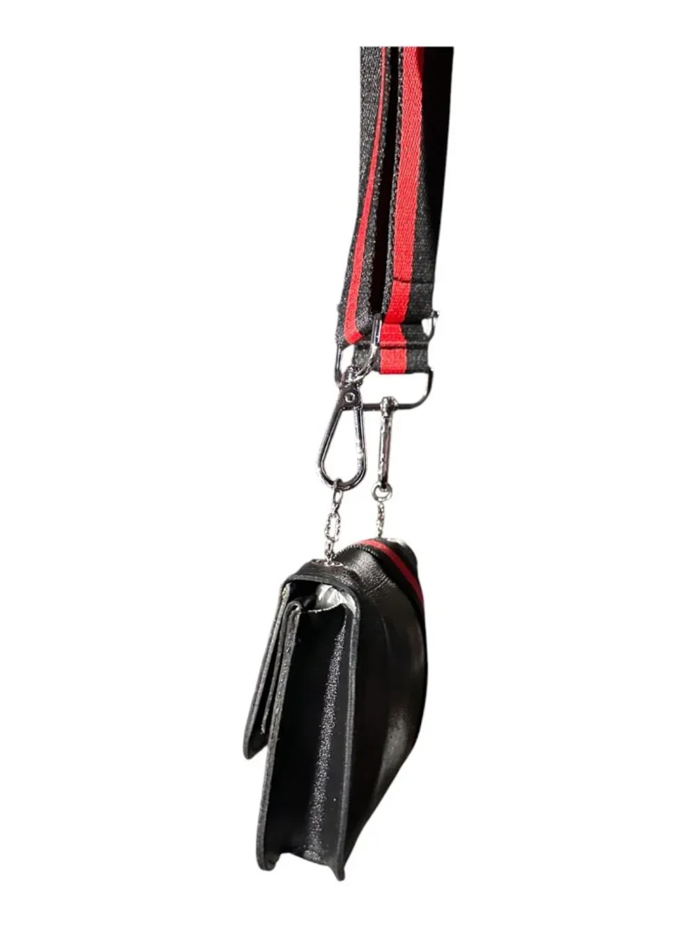 Black Mundi Leather Crossbody Bag w/Unbranded Black & Red Web